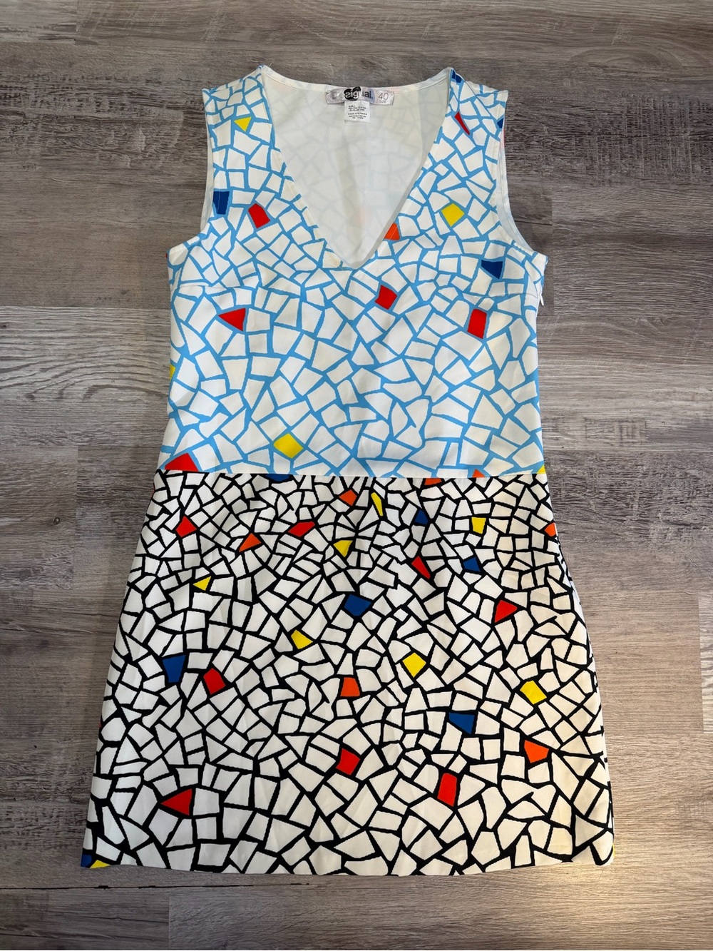 Desigual Geometric Bold Mosaic Inspired Sleeveless V Neck Shift Dress